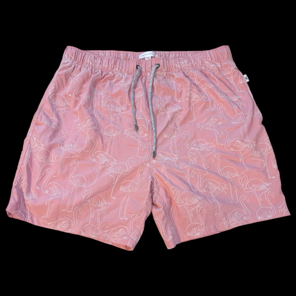 Vintage Summer Mens Pink Swim Trunks Flamingo Pattern Size 2XL Vacation Tropical